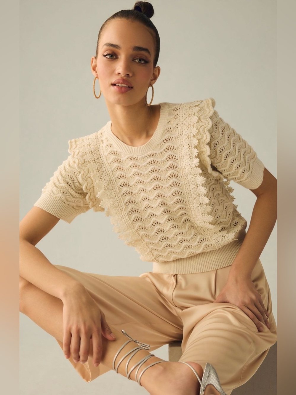 Anthropologie Kachel Shimmer Crochet Sweater Tee in Ivory (Price Firm)